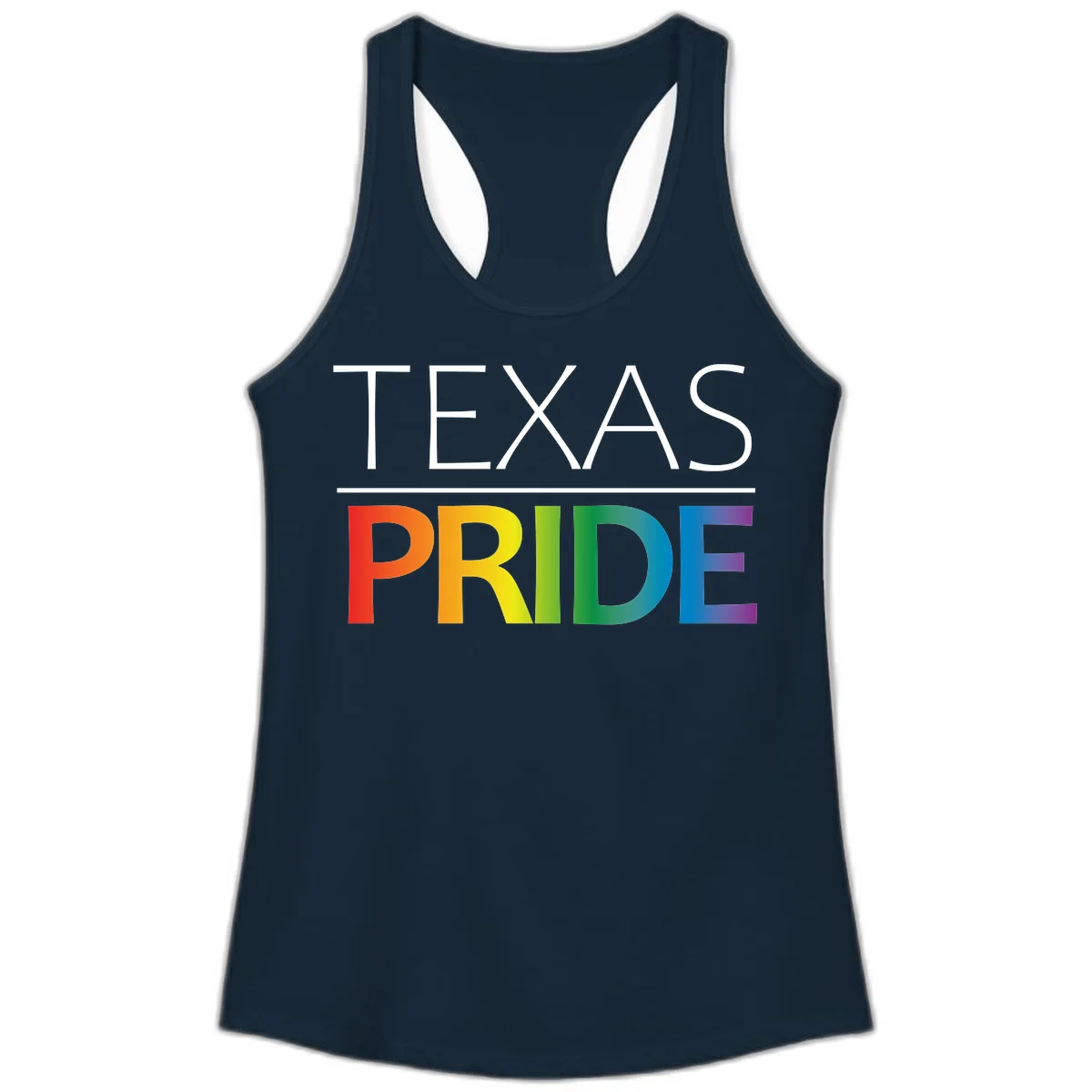 Texas Pride design with rainbow gradient letters spelling TEXAS and PRIDE in bold typography in Solid Midnight Navy
