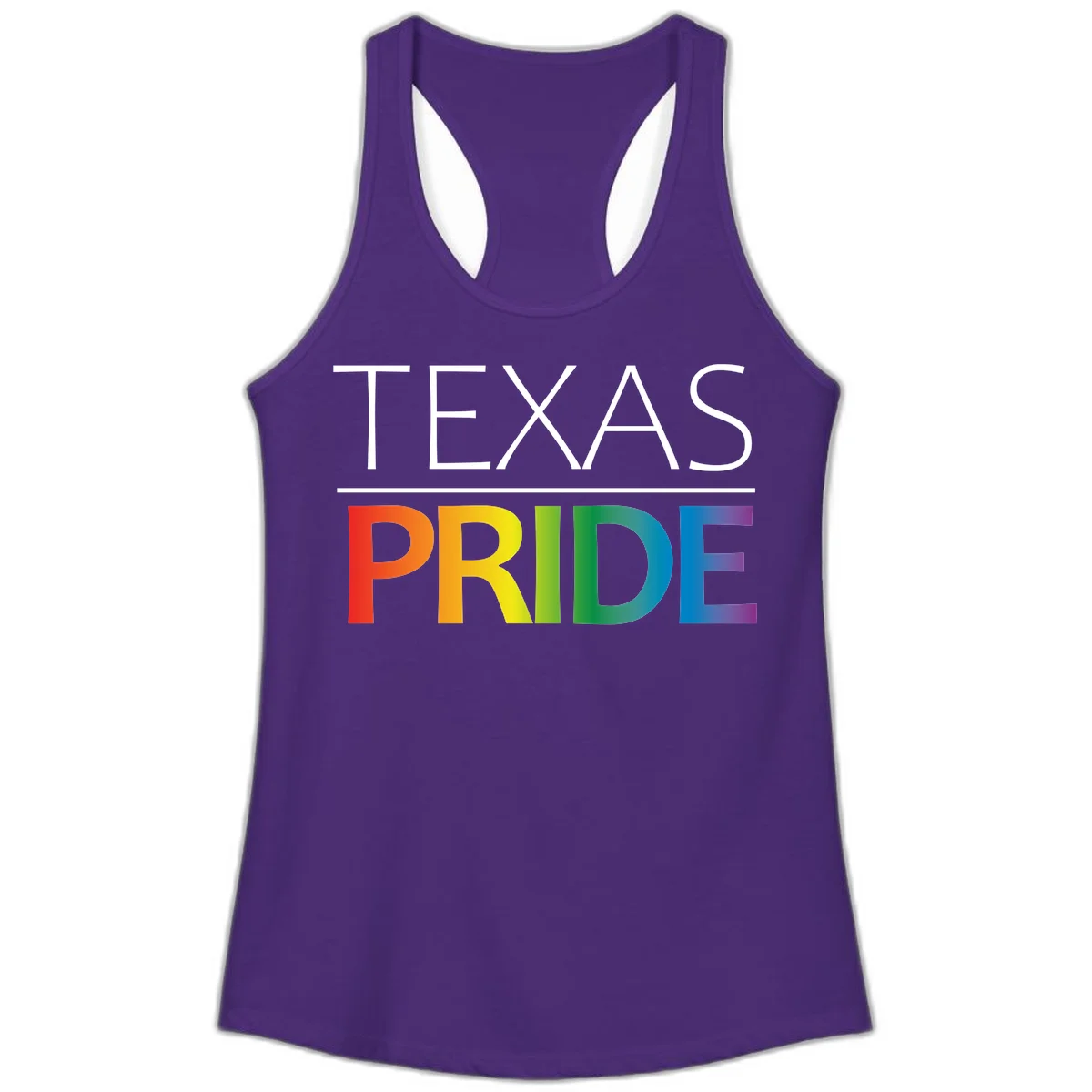 Texas Pride design with rainbow gradient letters spelling TEXAS and PRIDE in bold typography in Solid Purple Rush