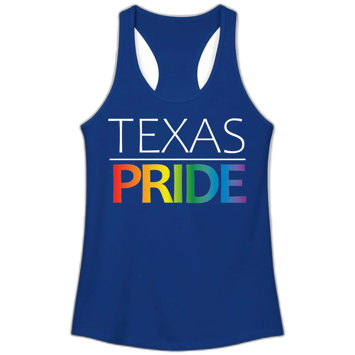Texas Pride design with rainbow gradient letters spelling TEXAS and PRIDE in bold typography in Solid Royal