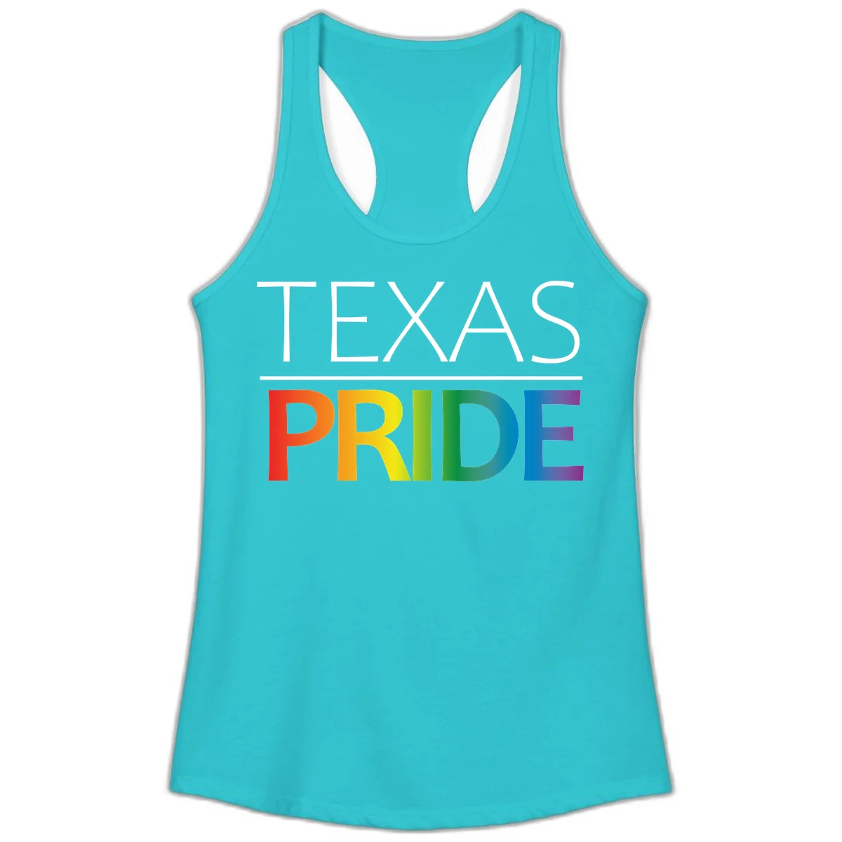 Texas Pride design with rainbow gradient letters spelling TEXAS and PRIDE in bold typography in Solid Tahiti Blue