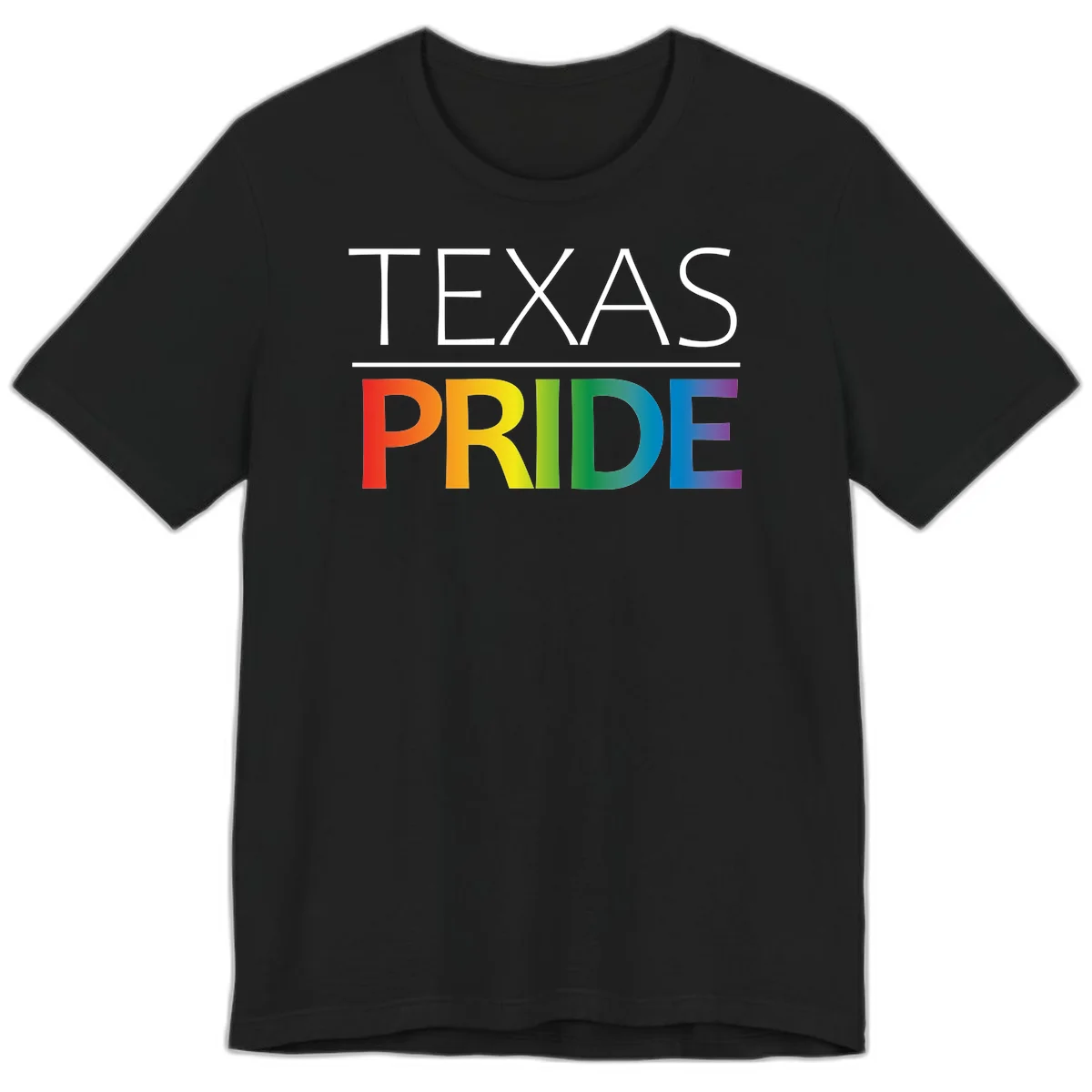 Texas Pride design with rainbow gradient letters spelling TEXAS and PRIDE in bold typography in Black