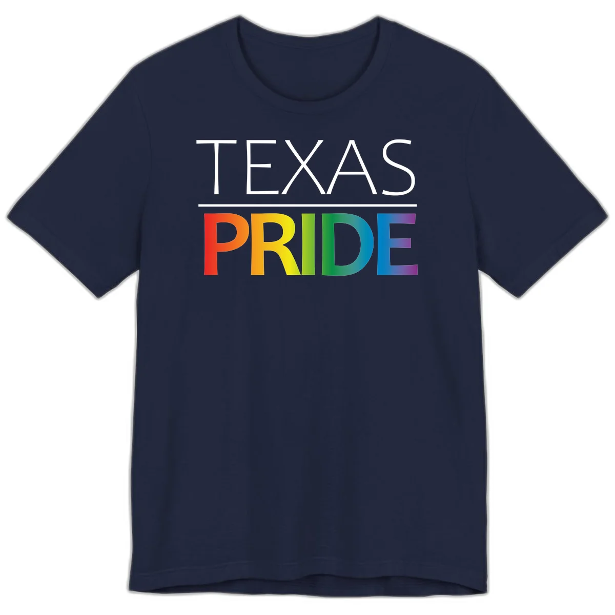 Texas Pride design with rainbow gradient letters spelling TEXAS and PRIDE in bold typography in Navy