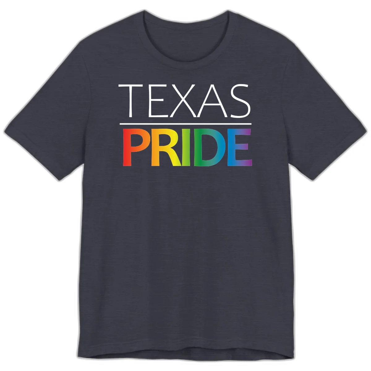 Texas Pride design with rainbow gradient letters spelling TEXAS and PRIDE in bold typography in Heather Midnight Navy