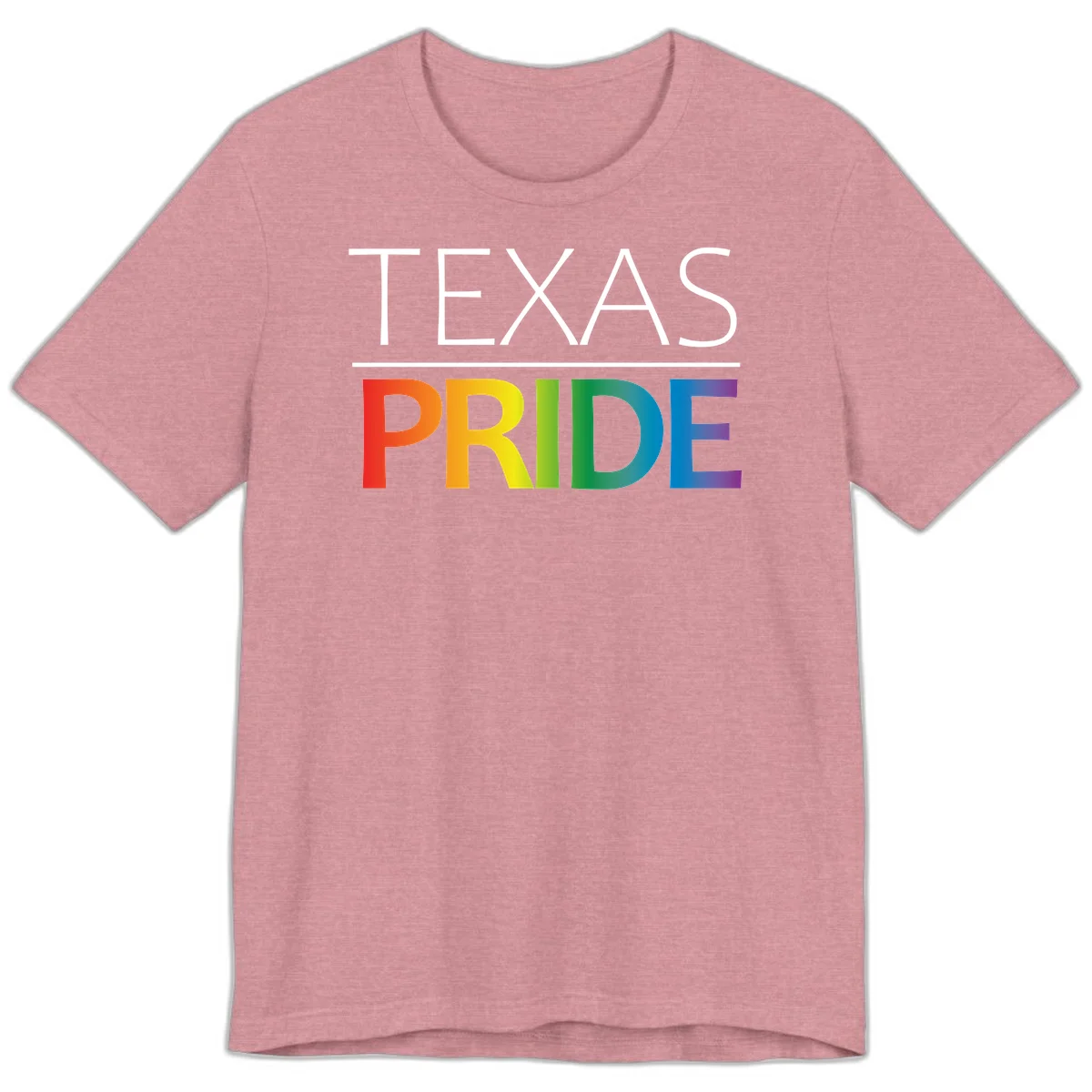 Texas Pride design with rainbow gradient letters spelling TEXAS and PRIDE in bold typography in Heather Orchid