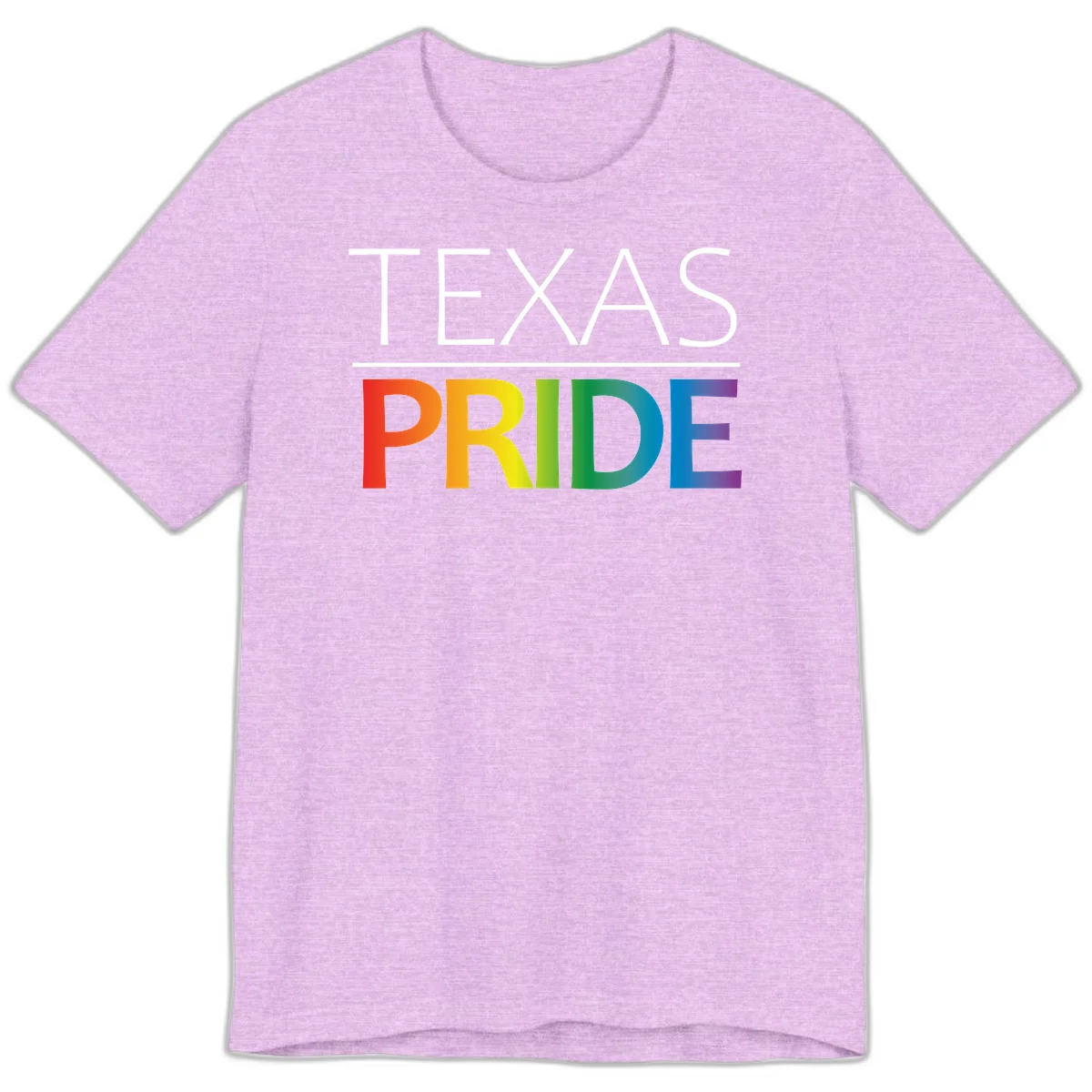 Texas Pride design with rainbow gradient letters spelling TEXAS and PRIDE in bold typography in Heather Prism Lilac