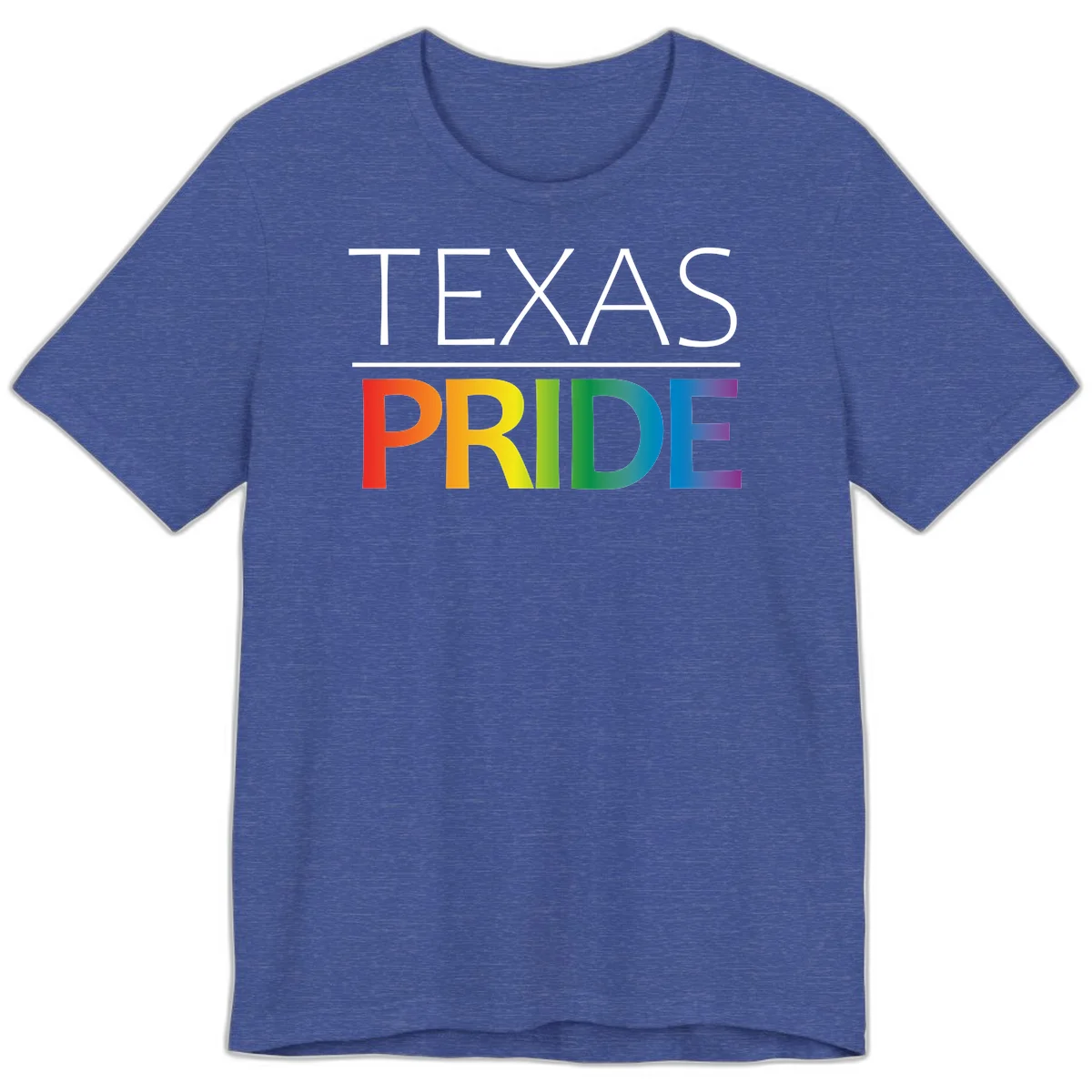 Texas Pride design with rainbow gradient letters spelling TEXAS and PRIDE in bold typography in Heather True Royal