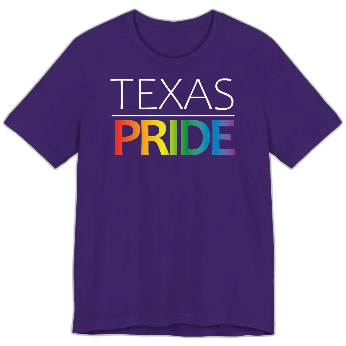 Texas Pride design with rainbow gradient letters spelling TEXAS and PRIDE in bold typography in Team Purple