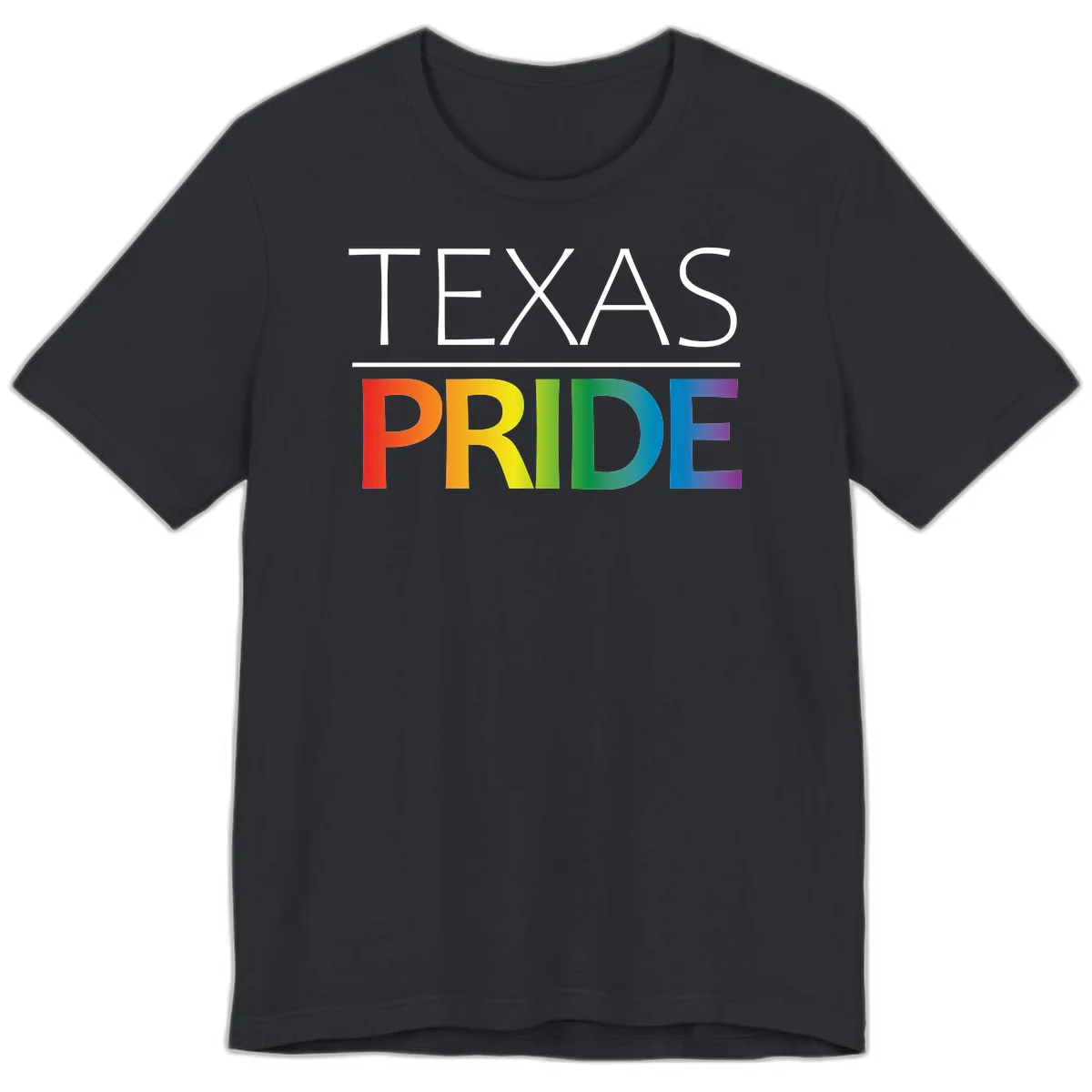 Texas Pride design with rainbow gradient letters spelling TEXAS and PRIDE in bold typography in Vintage Black