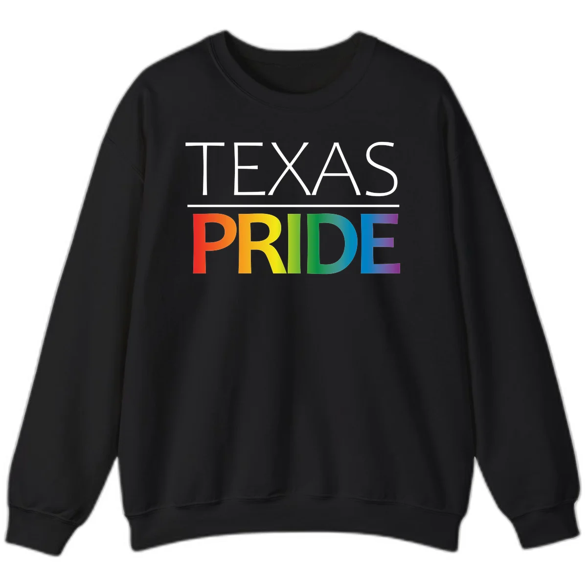 Texas Pride design with rainbow gradient letters spelling TEXAS and PRIDE in bold typography in Black