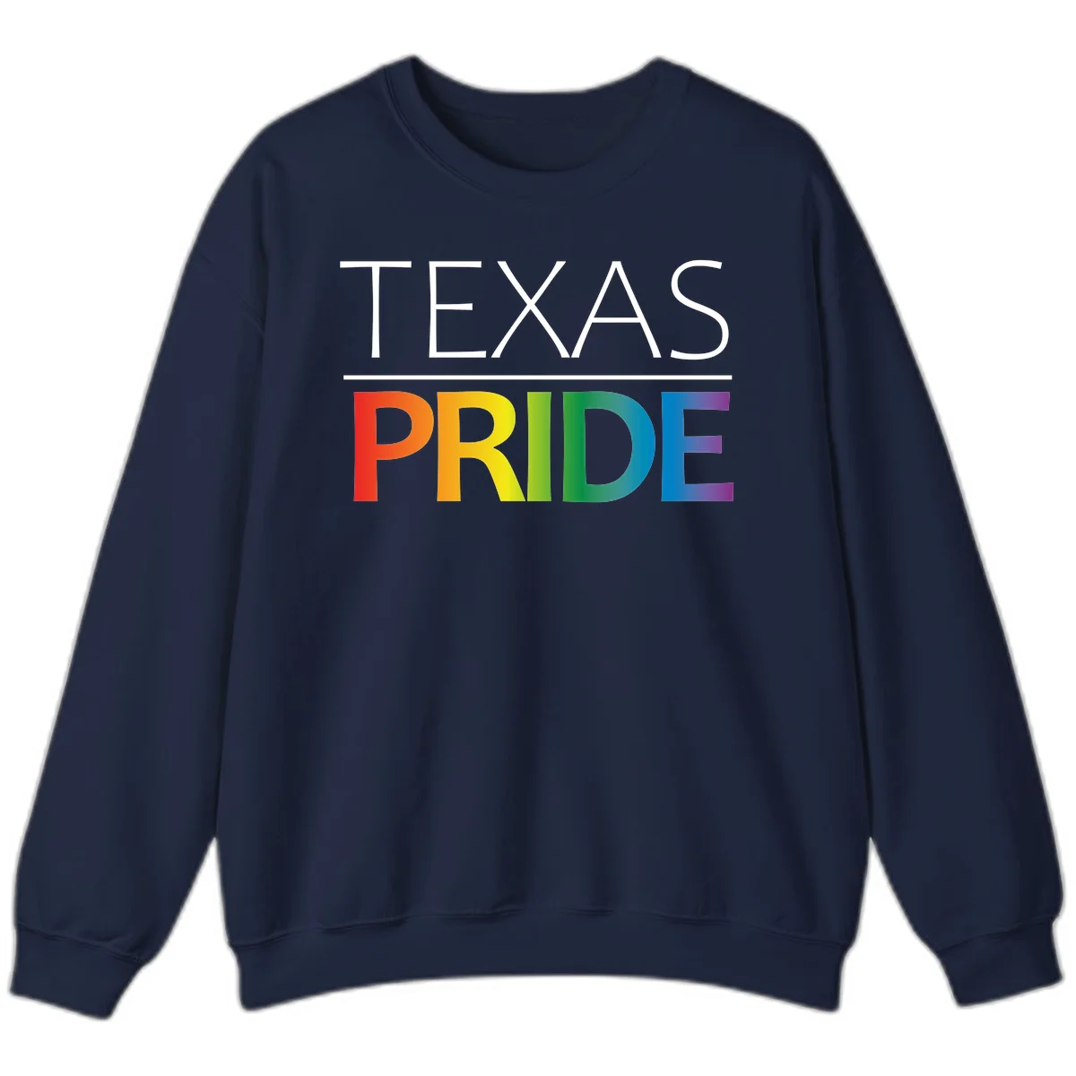 Texas Pride design with rainbow gradient letters spelling TEXAS and PRIDE in bold typography in Navy