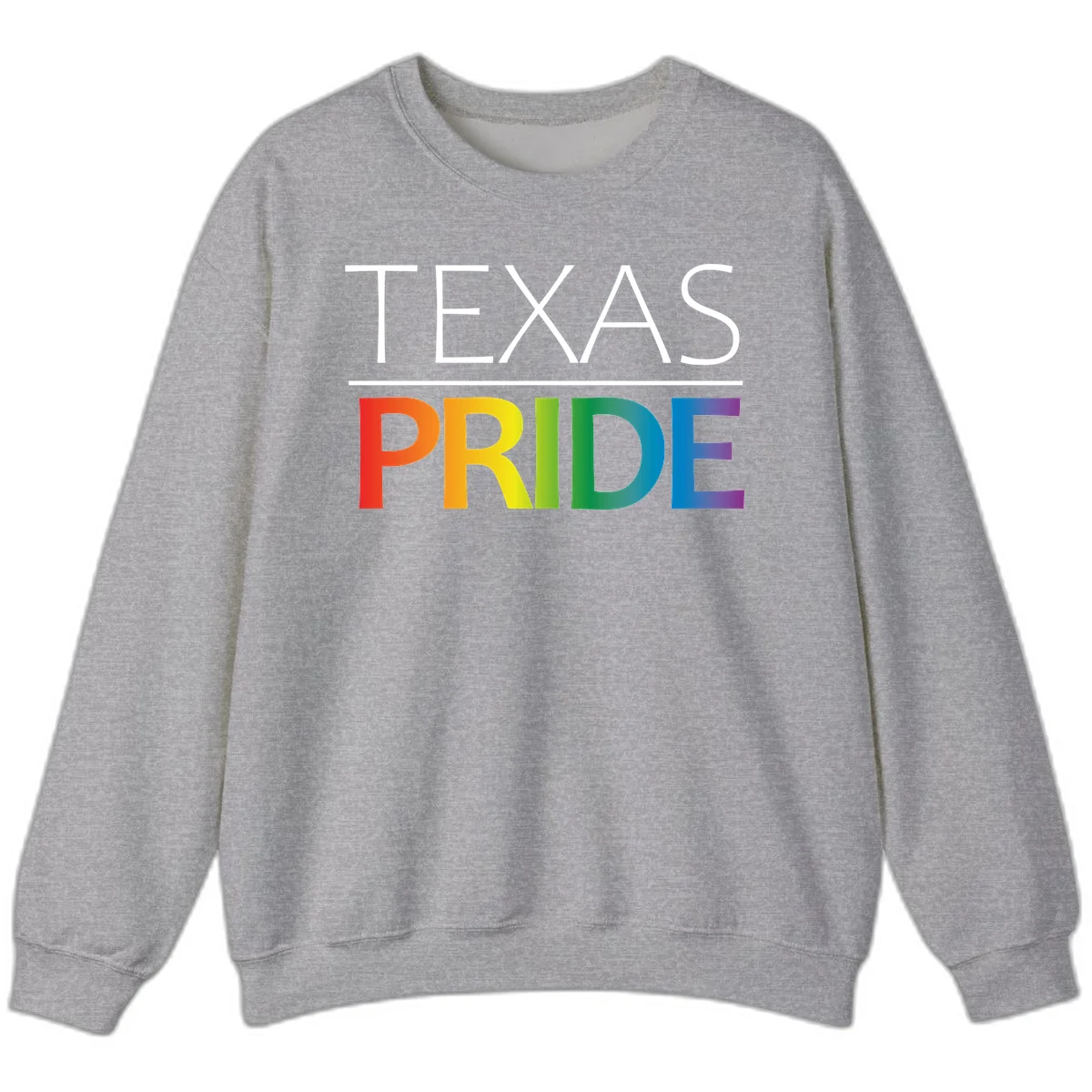 Texas Pride design with rainbow gradient letters spelling TEXAS and PRIDE in bold typography in Sport Grey