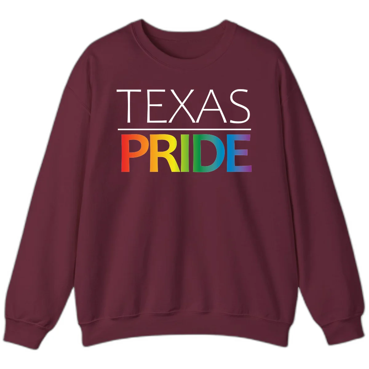 Texas Pride design with rainbow gradient letters spelling TEXAS and PRIDE in bold typography in Maroon