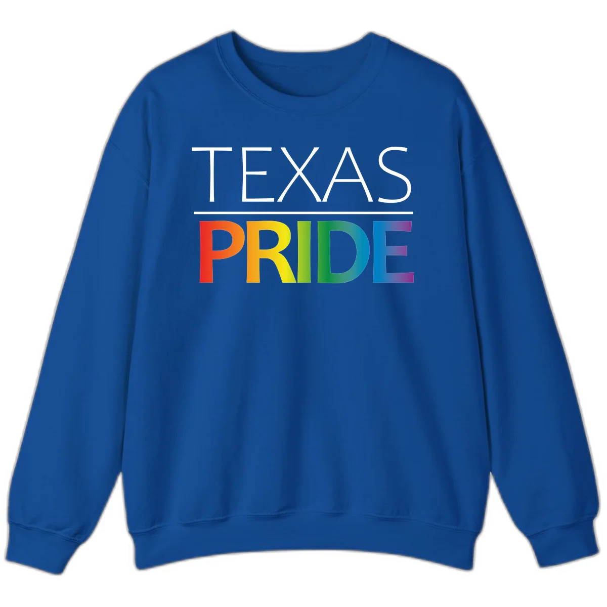 Texas Pride design with rainbow gradient letters spelling TEXAS and PRIDE in bold typography in Royal