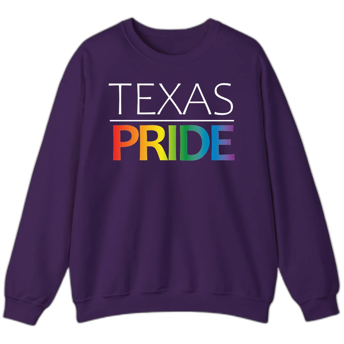 Texas Pride design with rainbow gradient letters spelling TEXAS and PRIDE in bold typography in Purple