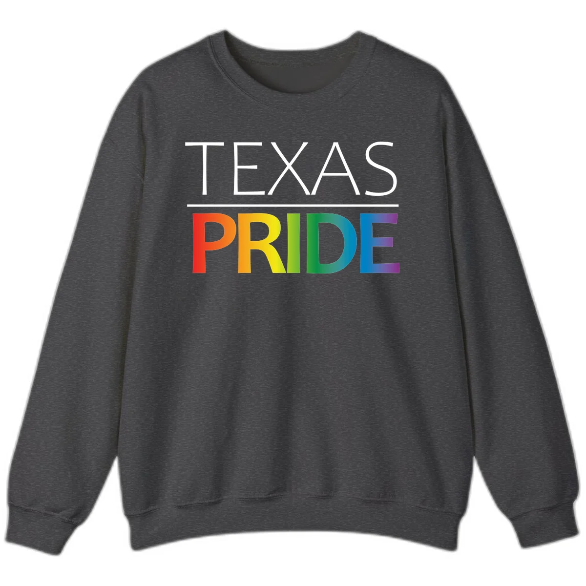 Texas Pride design with rainbow gradient letters spelling TEXAS and PRIDE in bold typography in Dark Heather