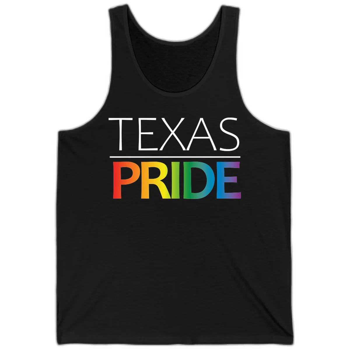Texas Pride design with rainbow gradient letters spelling TEXAS and PRIDE in bold typography in Black