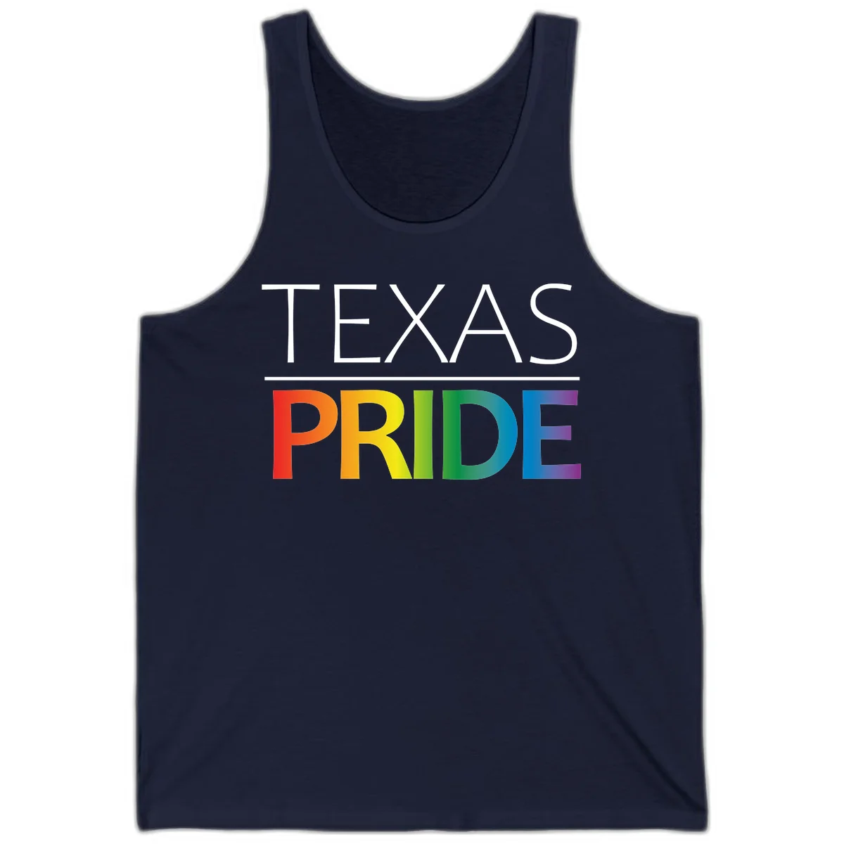 Texas Pride design with rainbow gradient letters spelling TEXAS and PRIDE in bold typography in Navy