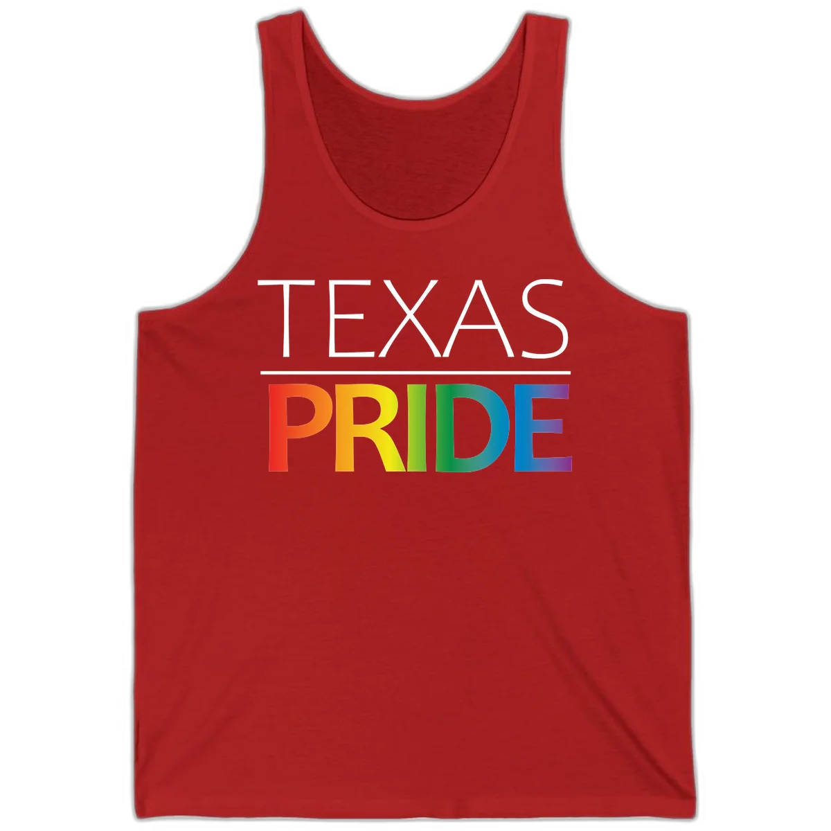 Texas Pride design with rainbow gradient letters spelling TEXAS and PRIDE in bold typography in Red