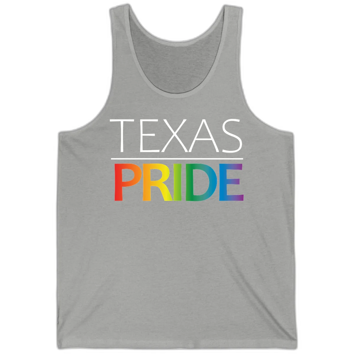 Texas Pride design with rainbow gradient letters spelling TEXAS and PRIDE in bold typography in Athletic Heather