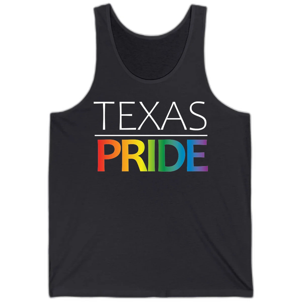 Texas Pride design with rainbow gradient letters spelling TEXAS and PRIDE in bold typography in Dark Grey