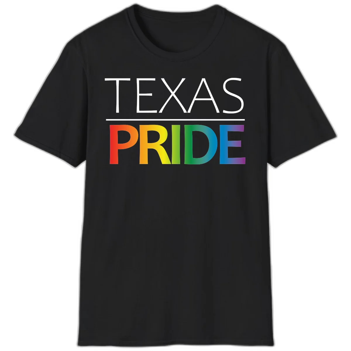Texas Pride design with rainbow gradient letters spelling TEXAS and PRIDE in bold typography in Black