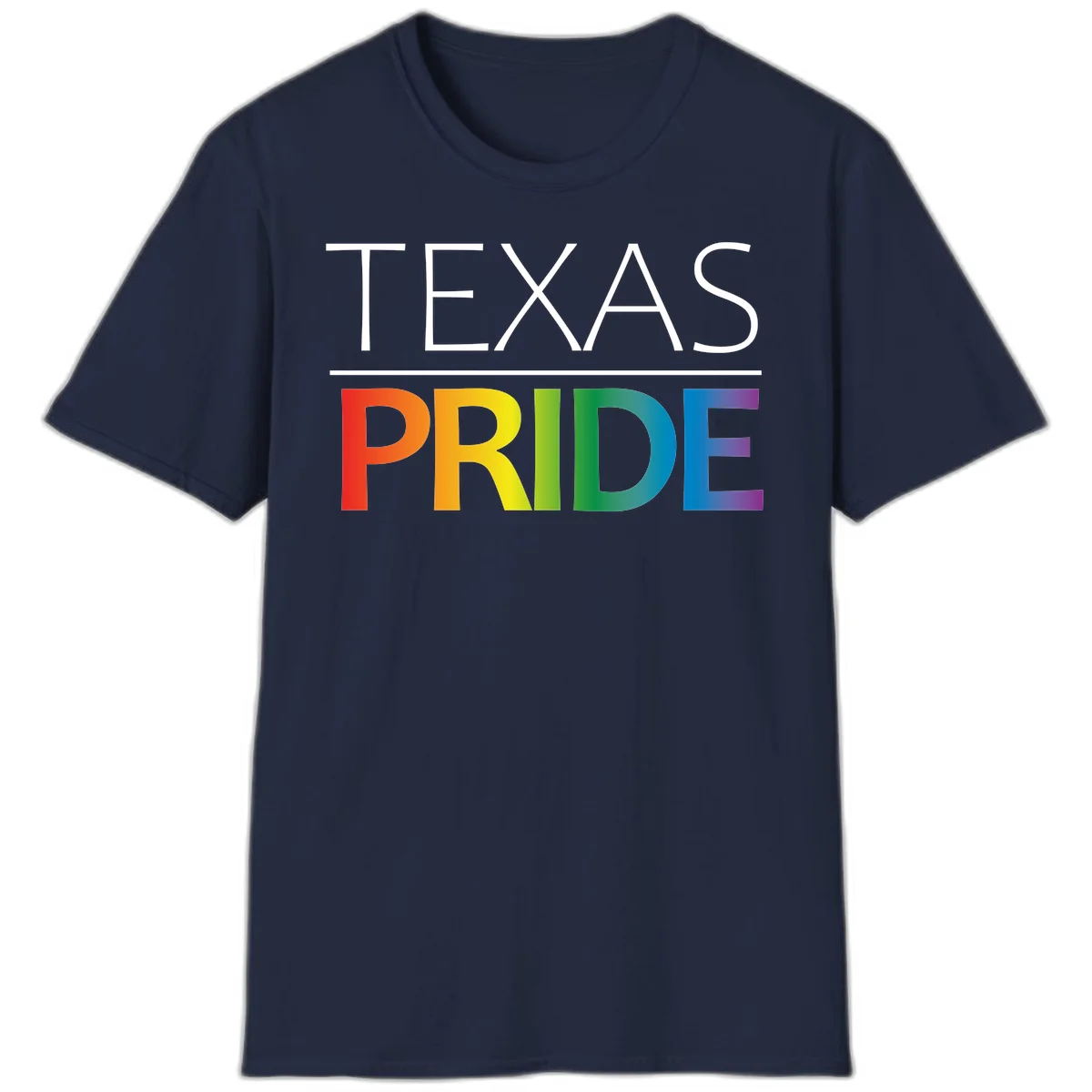 Texas Pride design with rainbow gradient letters spelling TEXAS and PRIDE in bold typography in Navy