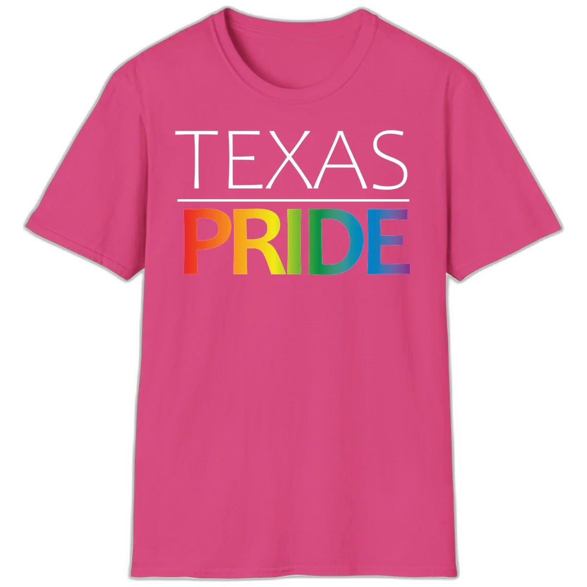 Texas Pride design with rainbow gradient letters spelling TEXAS and PRIDE in bold typography in Heliconia