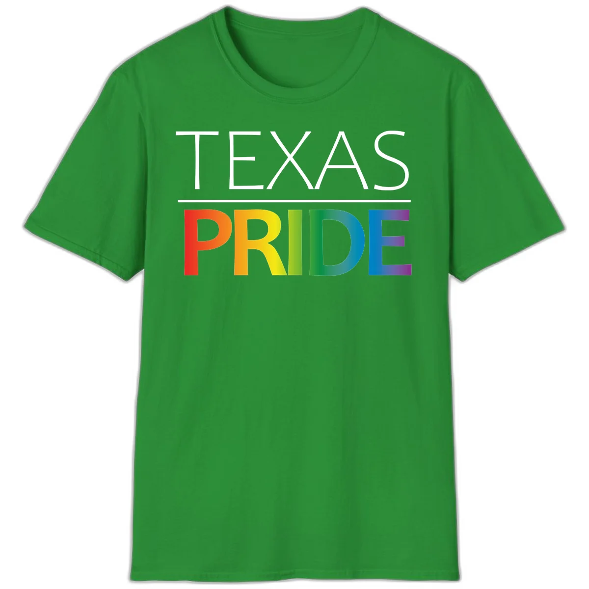 Texas Pride design with rainbow gradient letters spelling TEXAS and PRIDE in bold typography in Irish Green