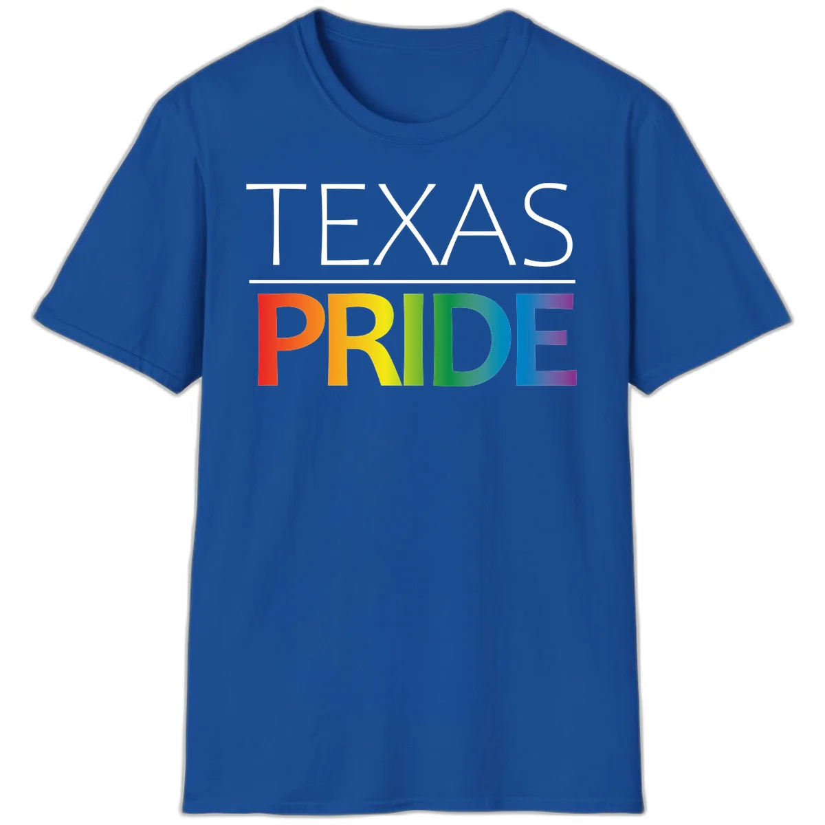 Texas Pride design with rainbow gradient letters spelling TEXAS and PRIDE in bold typography in Royal