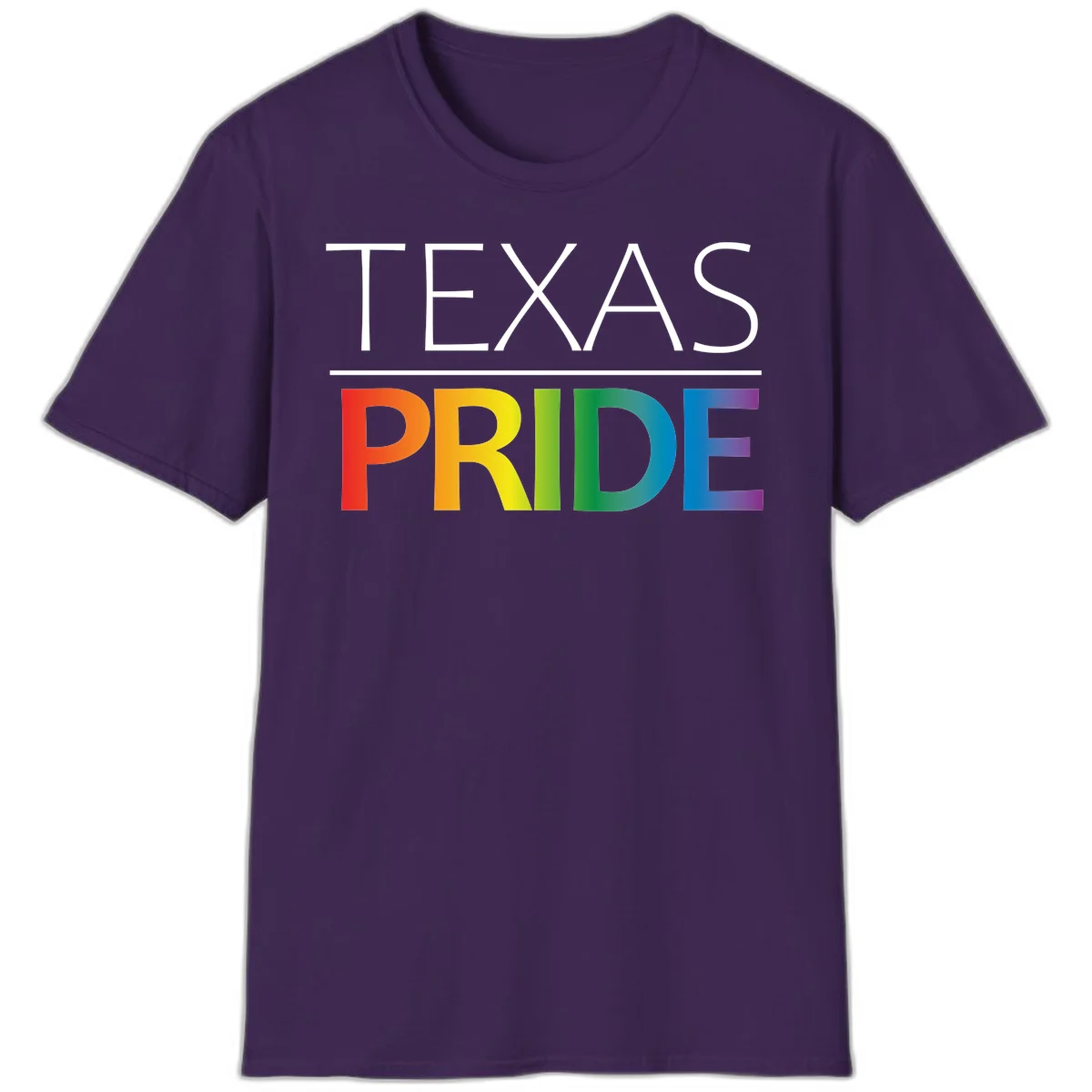 Texas Pride design with rainbow gradient letters spelling TEXAS and PRIDE in bold typography in Purple