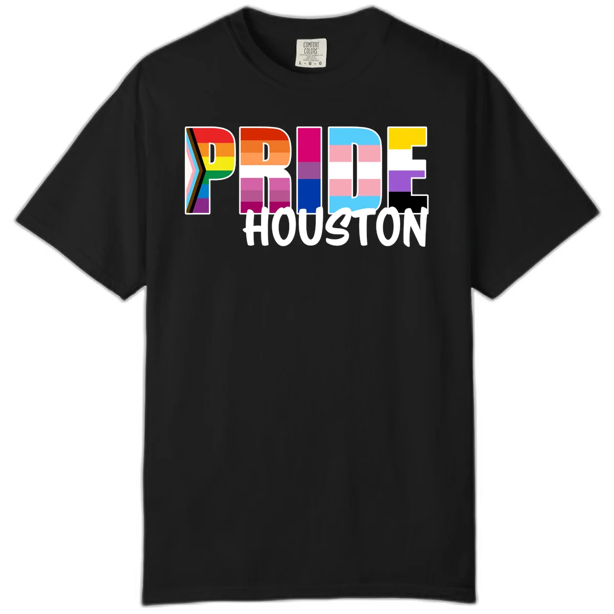 Pride Houston design with bold rainbow-filled letters and progress pride chevron stripes in Black