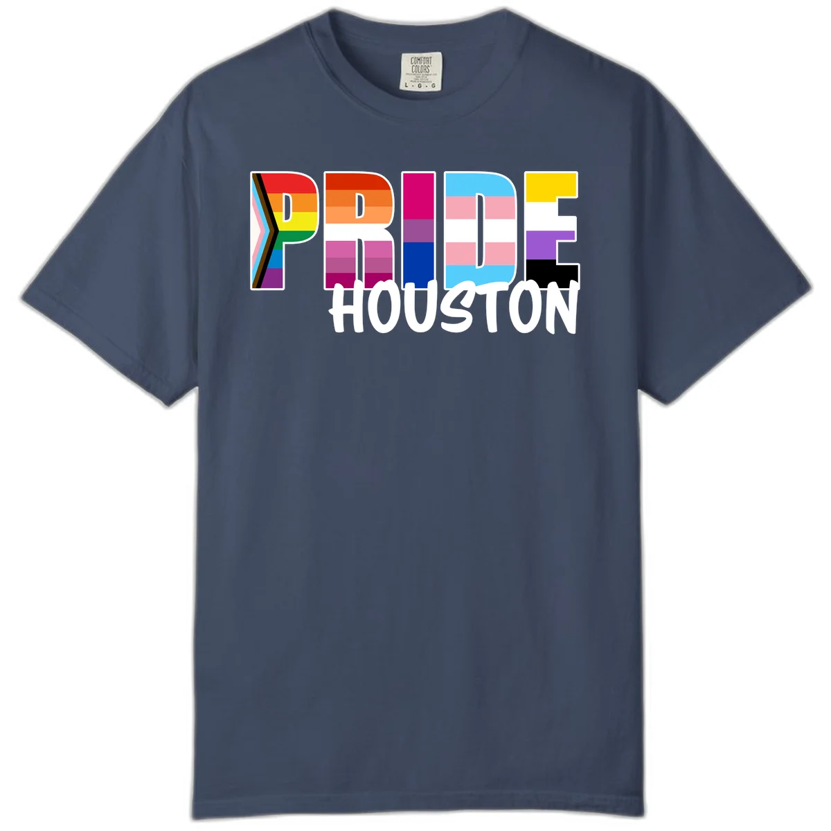 Pride Houston design with bold rainbow-filled letters and progress pride chevron stripes in Midnight