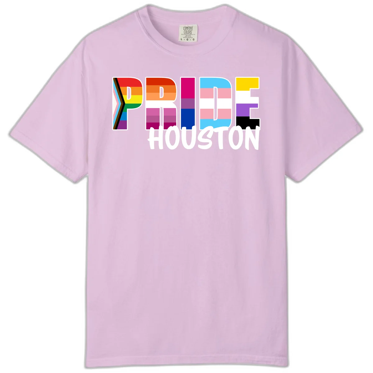 Pride Houston design with bold rainbow-filled letters and progress pride chevron stripes in Orchid