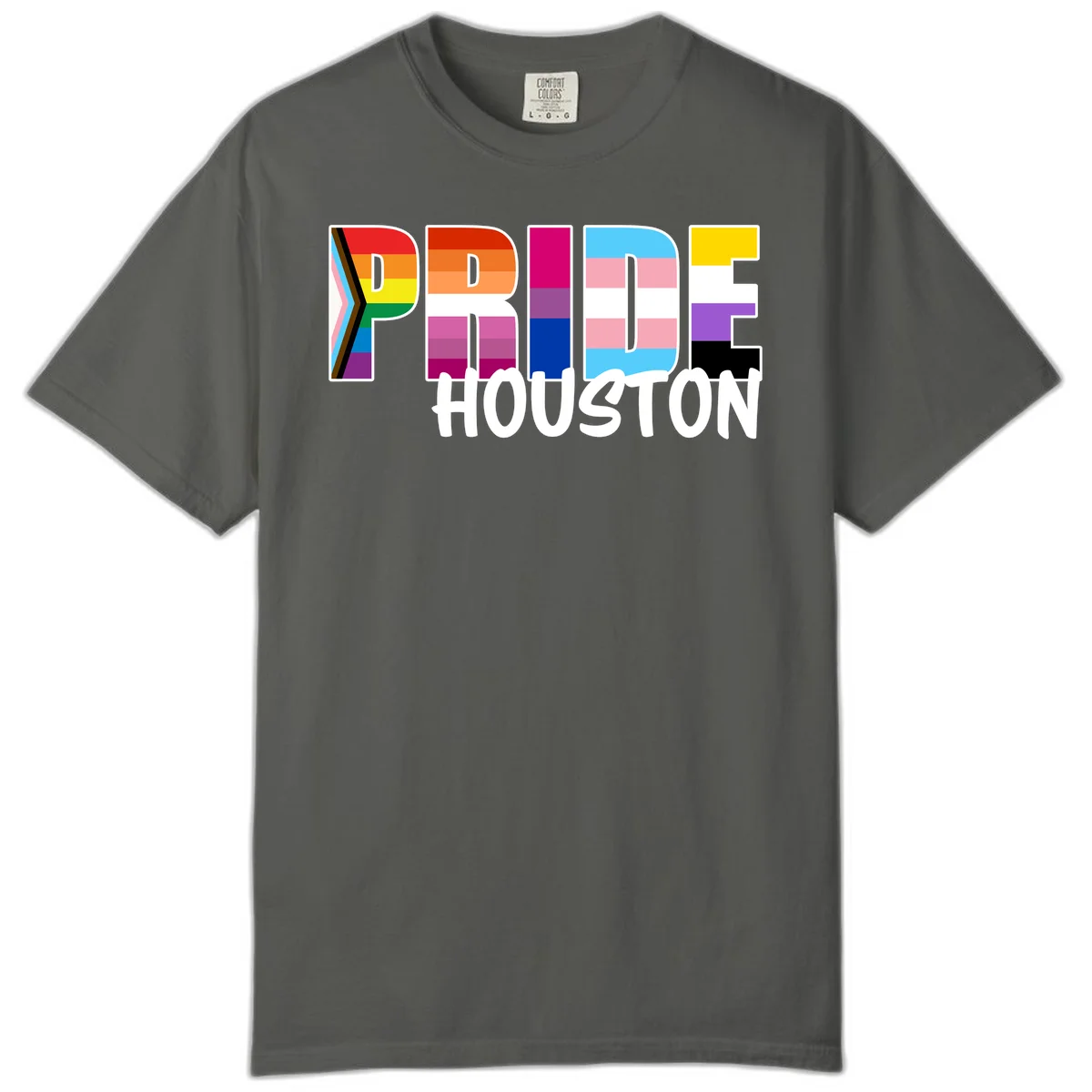 Pride Houston design with bold rainbow-filled letters and progress pride chevron stripes in Pepper