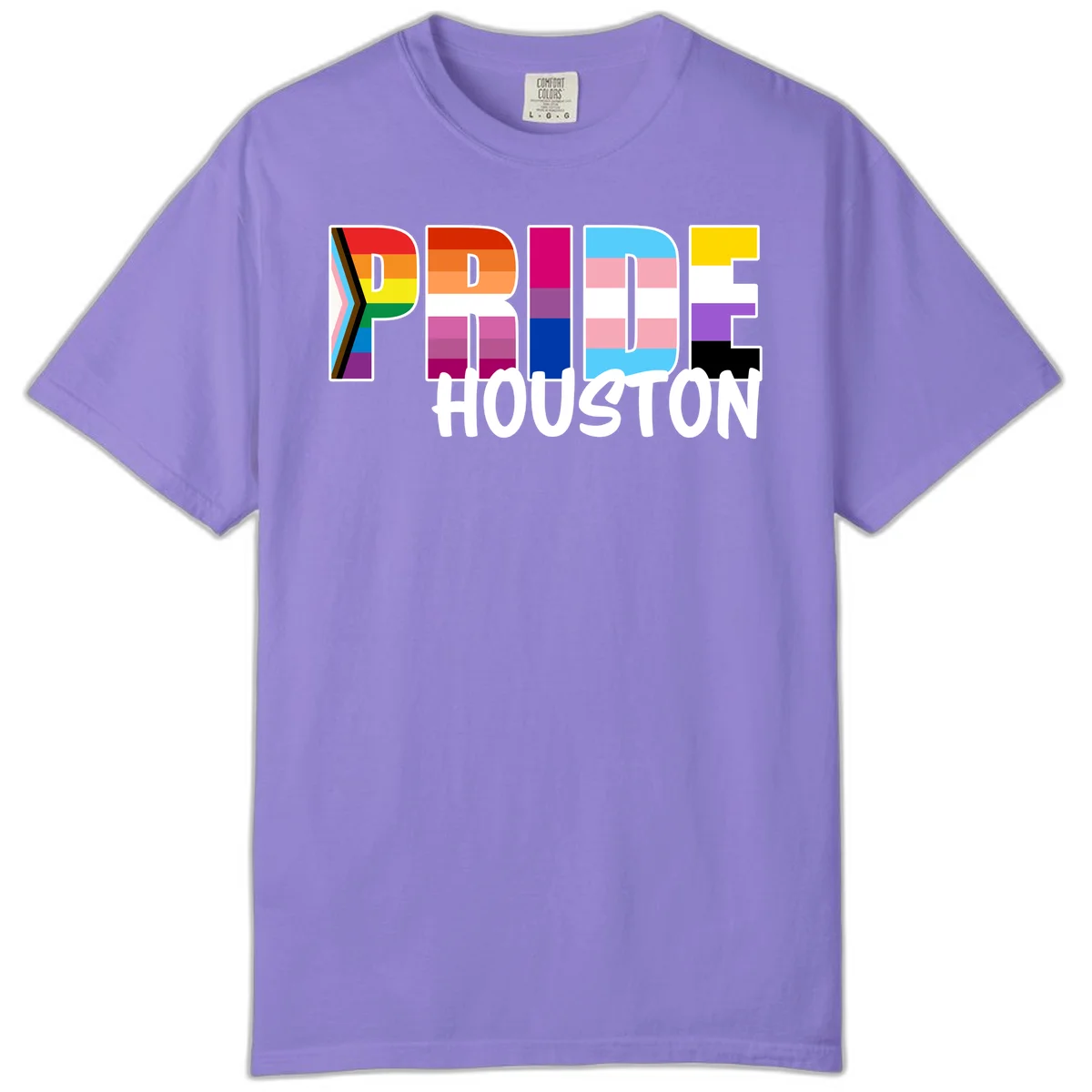 Pride Houston design with bold rainbow-filled letters and progress pride chevron stripes in Violet