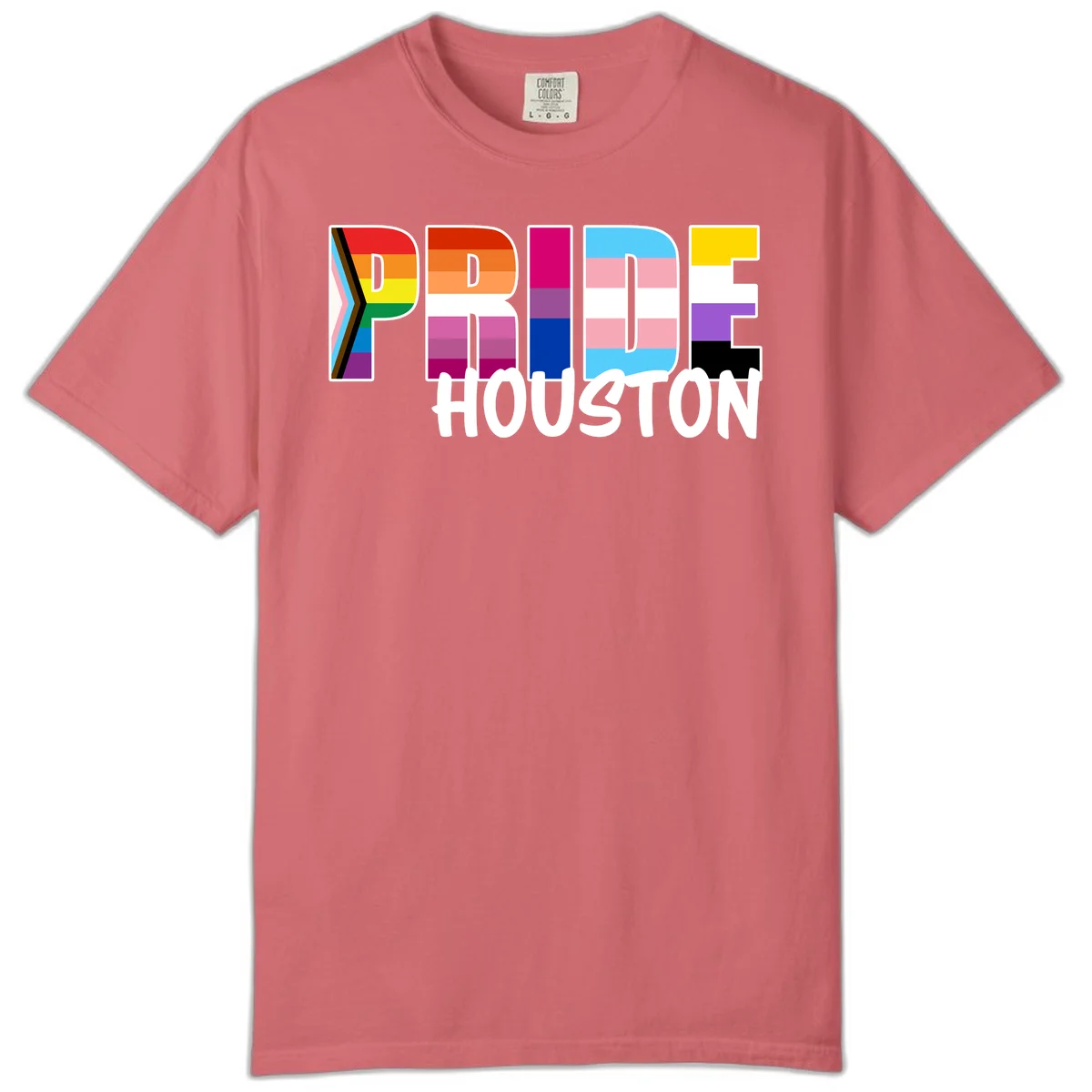 Pride Houston design with bold rainbow-filled letters and progress pride chevron stripes in Watermelon