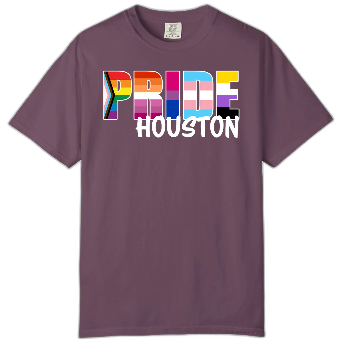 Pride Houston design with bold rainbow-filled letters and progress pride chevron stripes in Berry