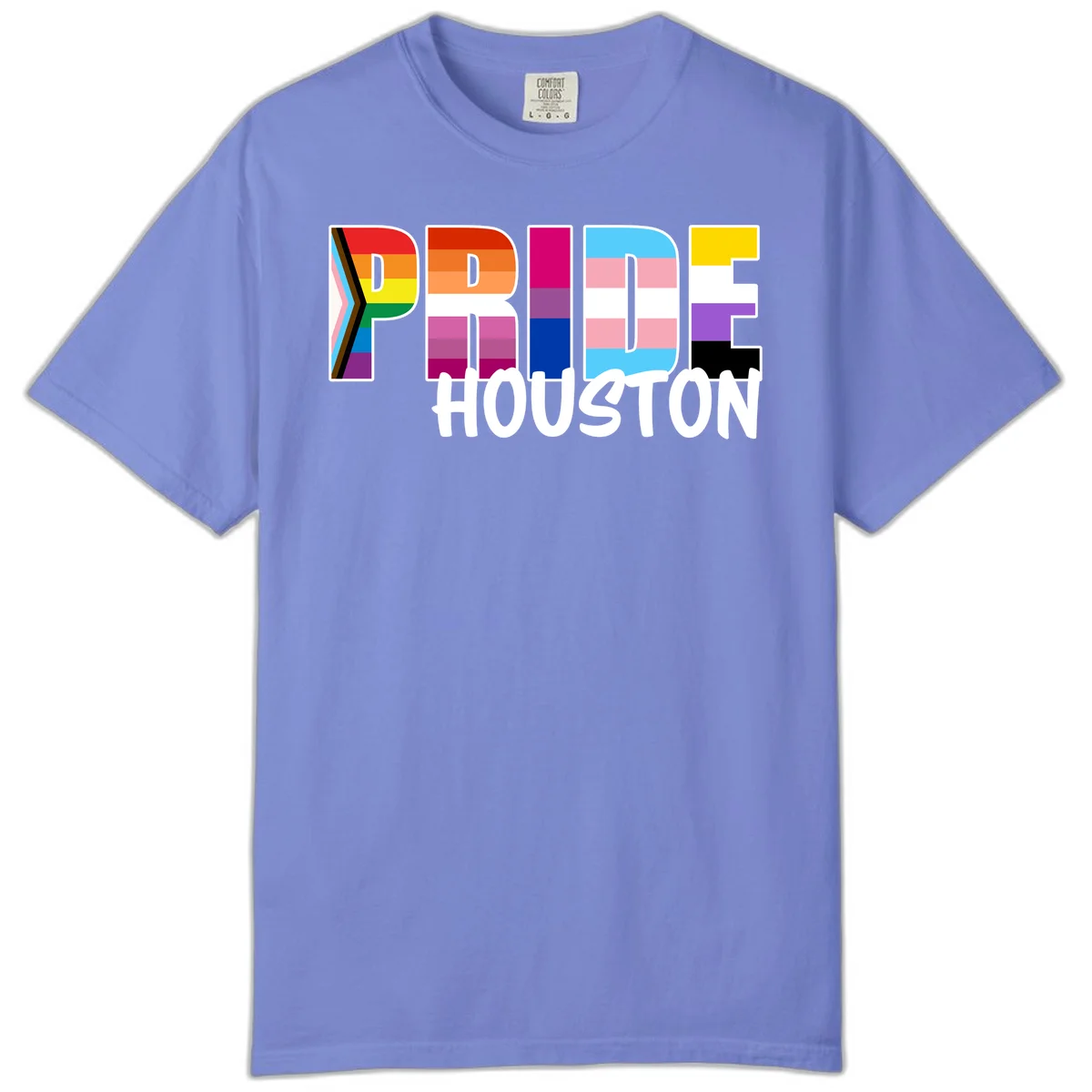Pride Houston design with bold rainbow-filled letters and progress pride chevron stripes in Flo Blue