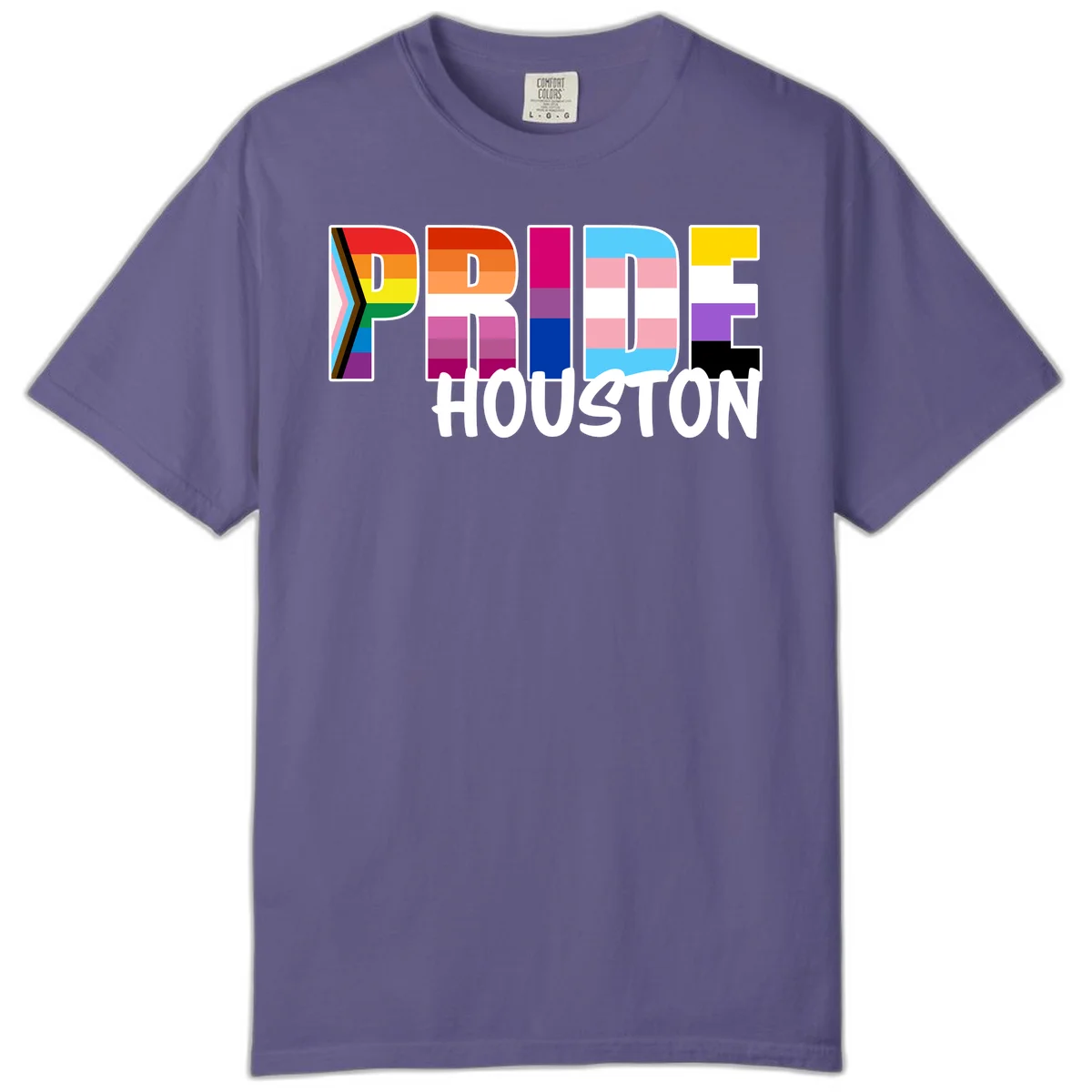 Pride Houston design with bold rainbow-filled letters and progress pride chevron stripes in Grape