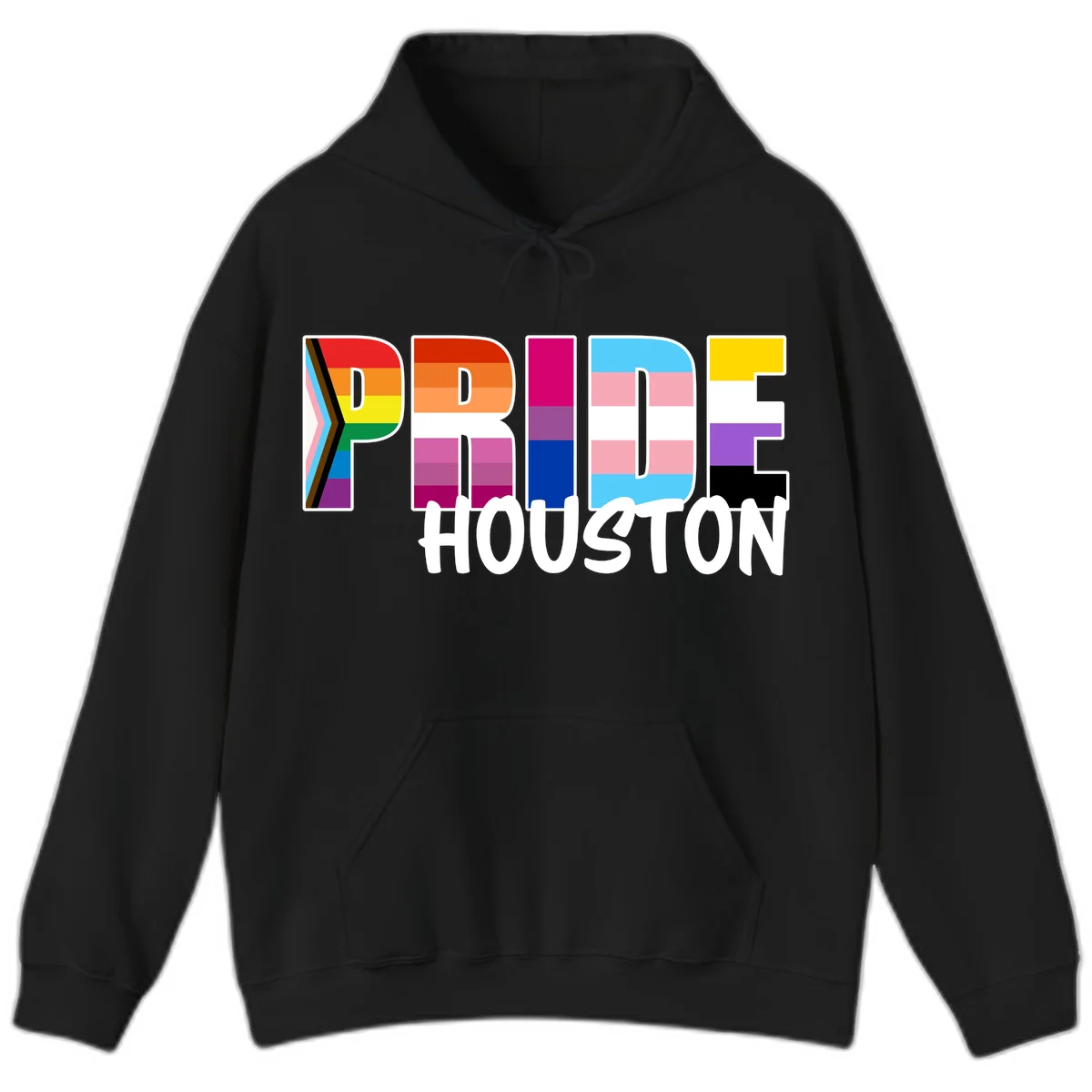 Pride Houston design with bold rainbow-filled letters and progress pride chevron stripes in Black