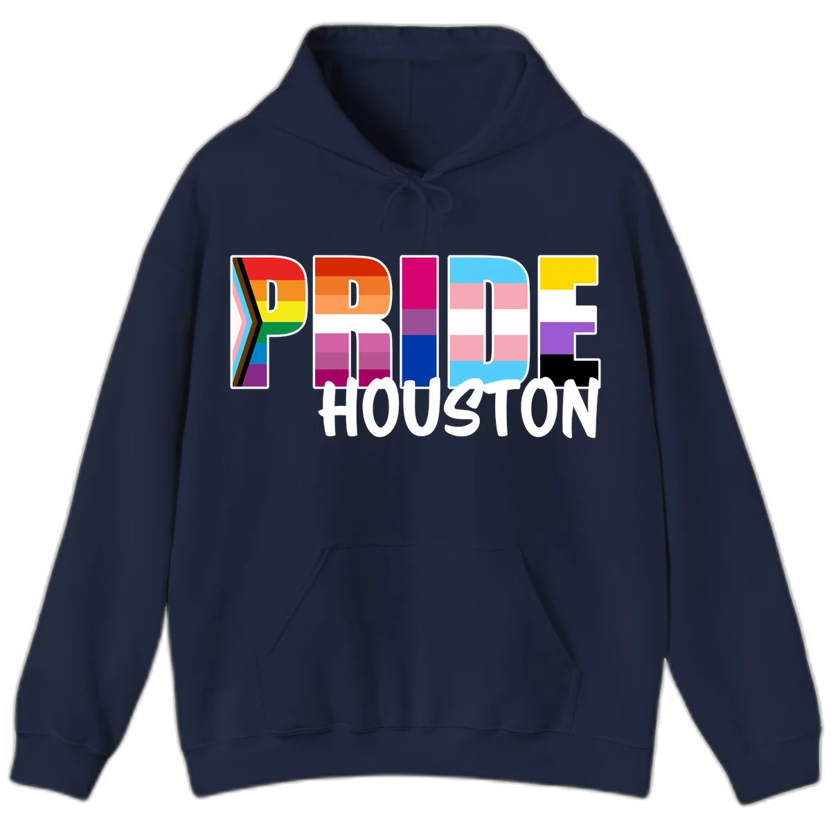 Pride Houston design with bold rainbow-filled letters and progress pride chevron stripes in Navy