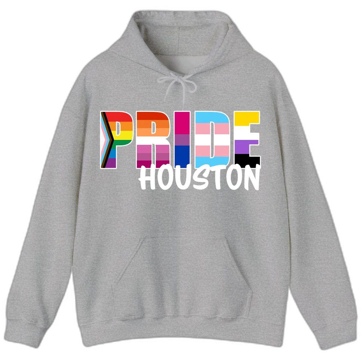 Pride Houston design with bold rainbow-filled letters and progress pride chevron stripes in Sport Grey
