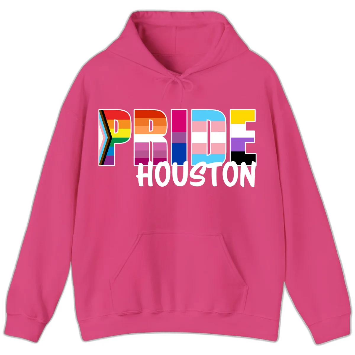 Pride Houston design with bold rainbow-filled letters and progress pride chevron stripes in Heliconia