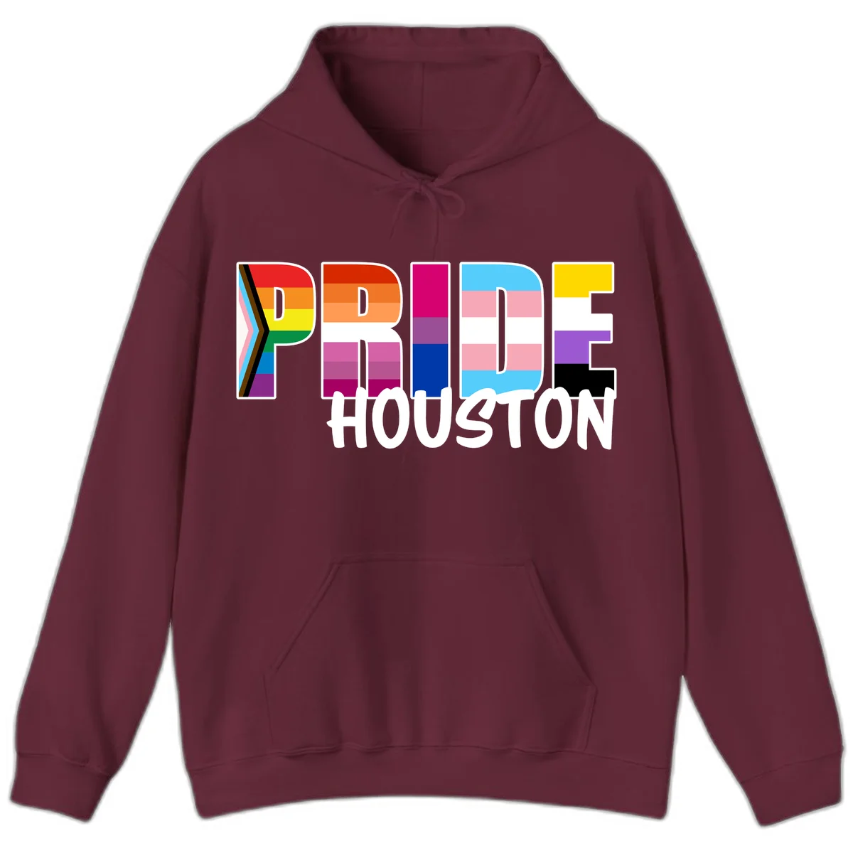 Pride Houston design with bold rainbow-filled letters and progress pride chevron stripes in Maroon