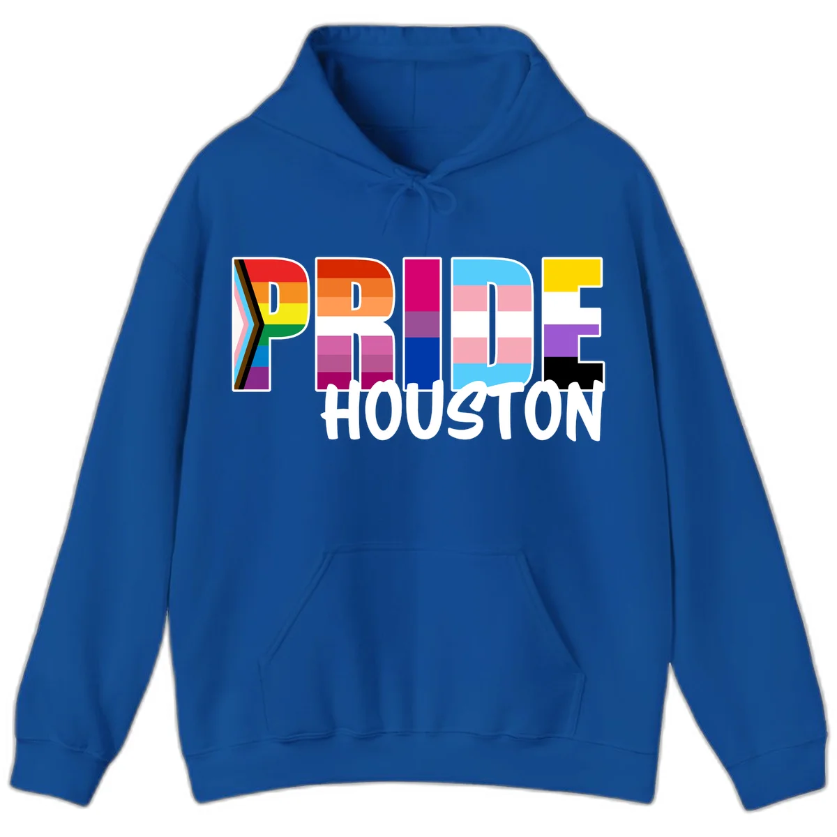 Pride Houston design with bold rainbow-filled letters and progress pride chevron stripes in Royal