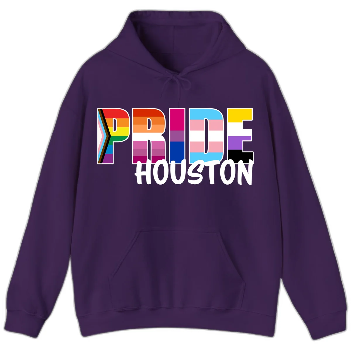 Pride Houston design with bold rainbow-filled letters and progress pride chevron stripes in Purple