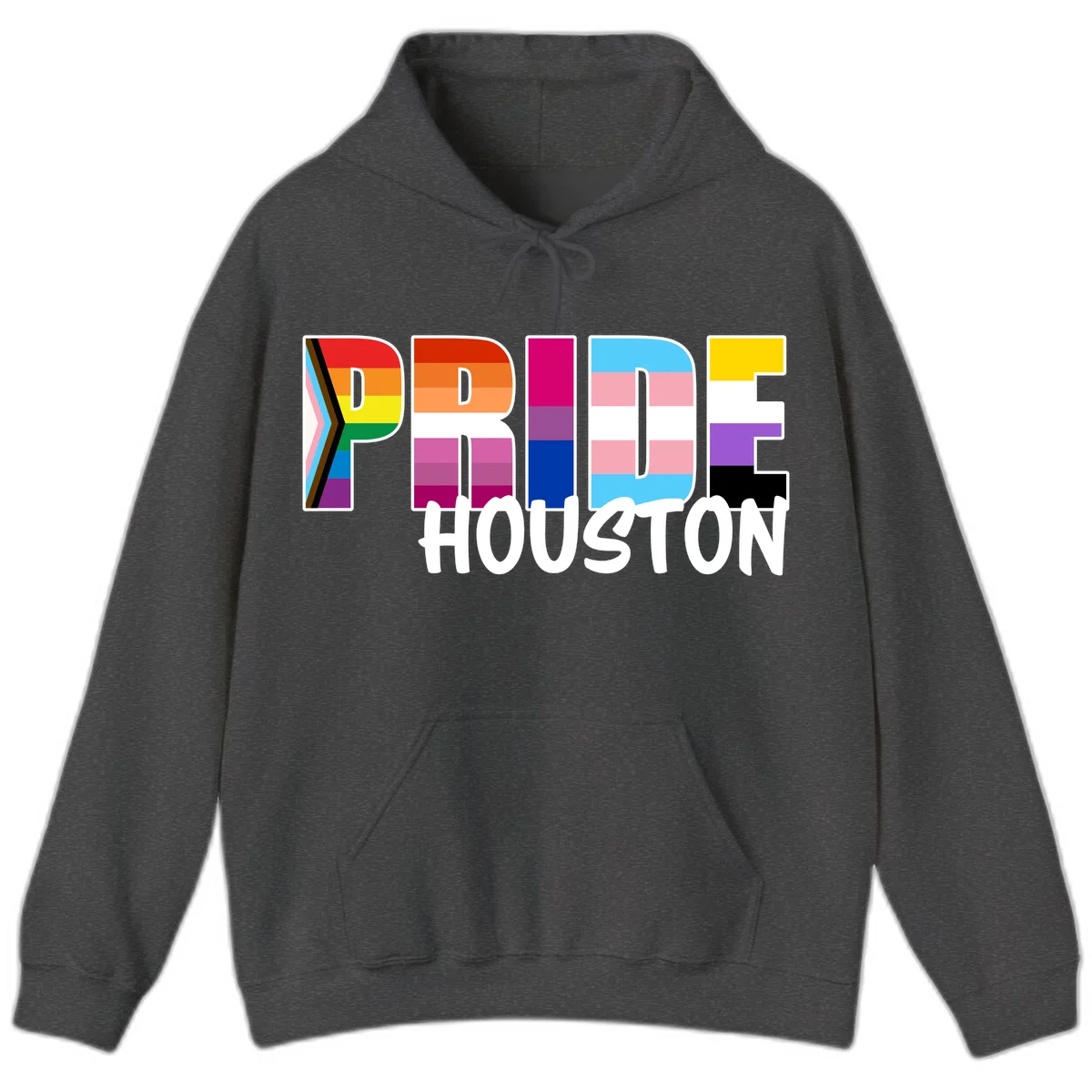 Pride Houston design with bold rainbow-filled letters and progress pride chevron stripes in Dark Heather