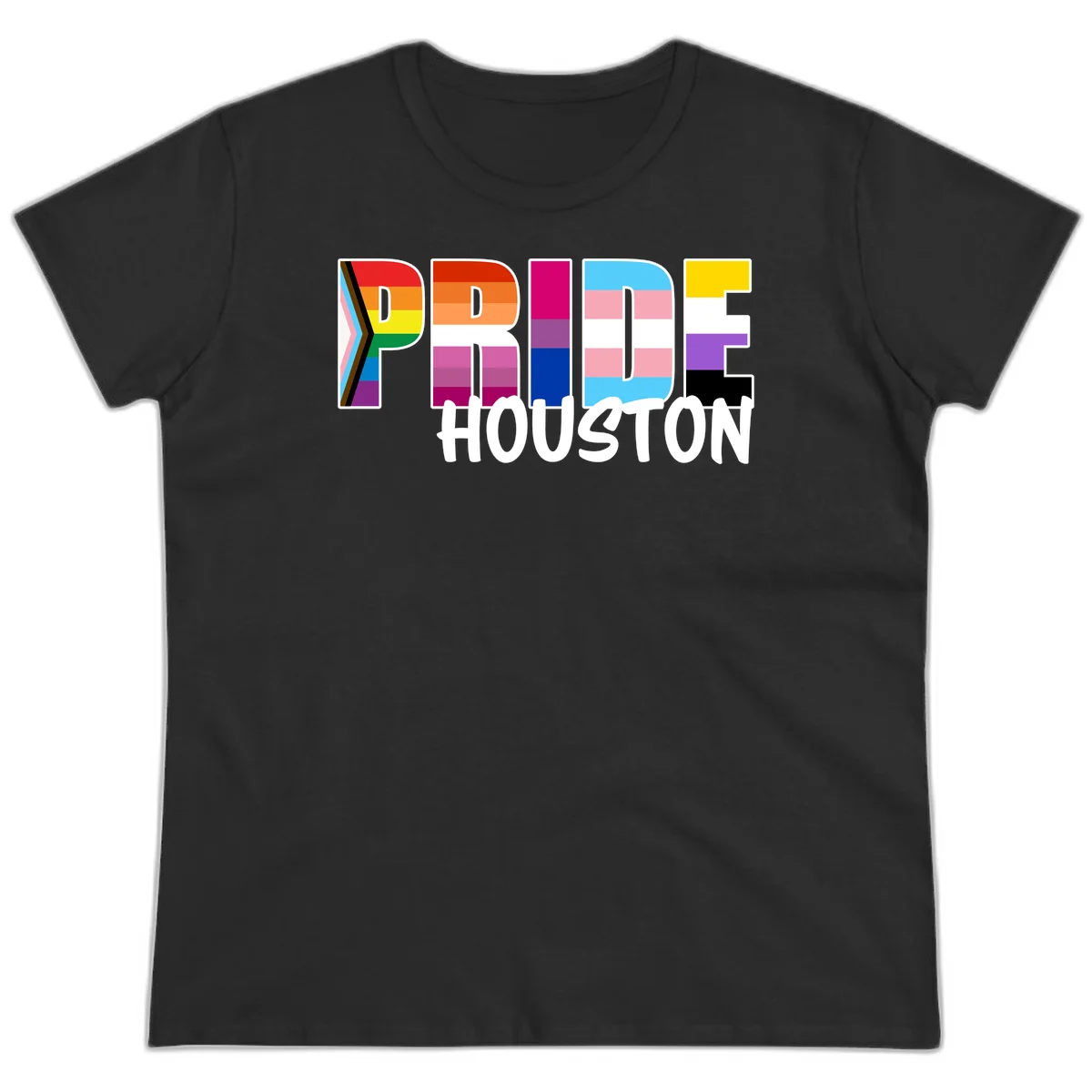 Pride Houston design with bold rainbow-filled letters and progress pride chevron stripes in Black