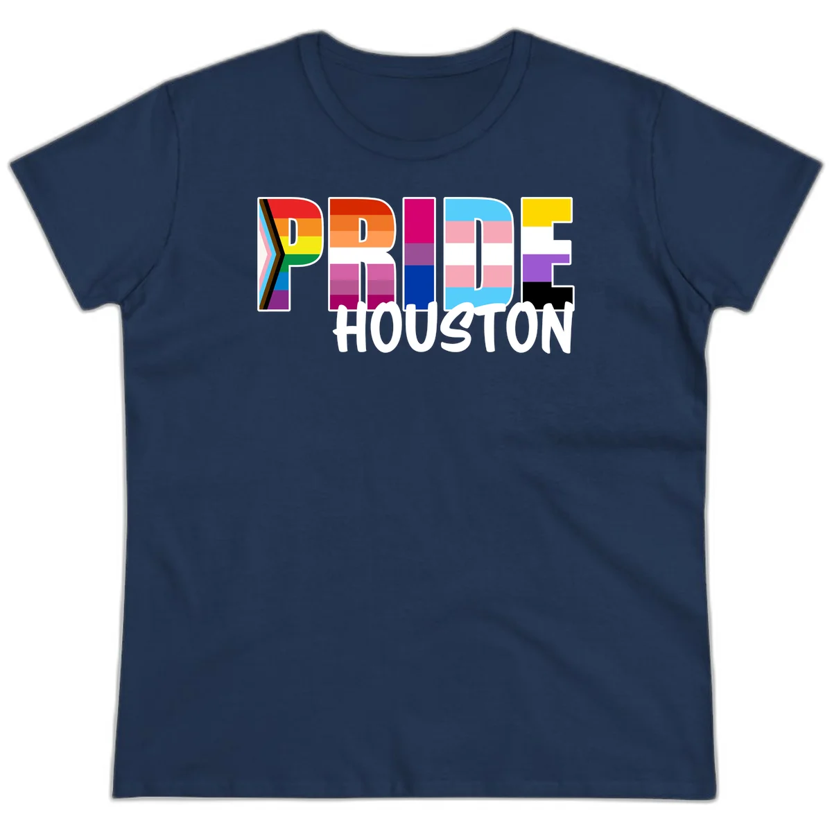 Pride Houston design with bold rainbow-filled letters and progress pride chevron stripes in Navy