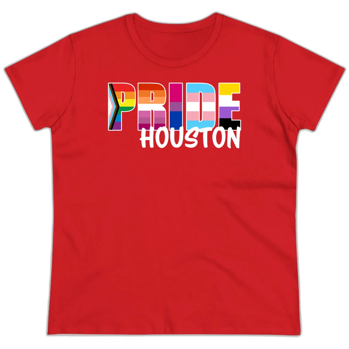 Pride Houston design with bold rainbow-filled letters and progress pride chevron stripes in Red